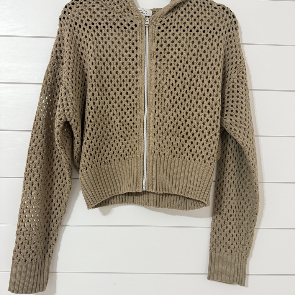 Free Rose Tan Zip Up Thin Sweater with Hood, Size Medium